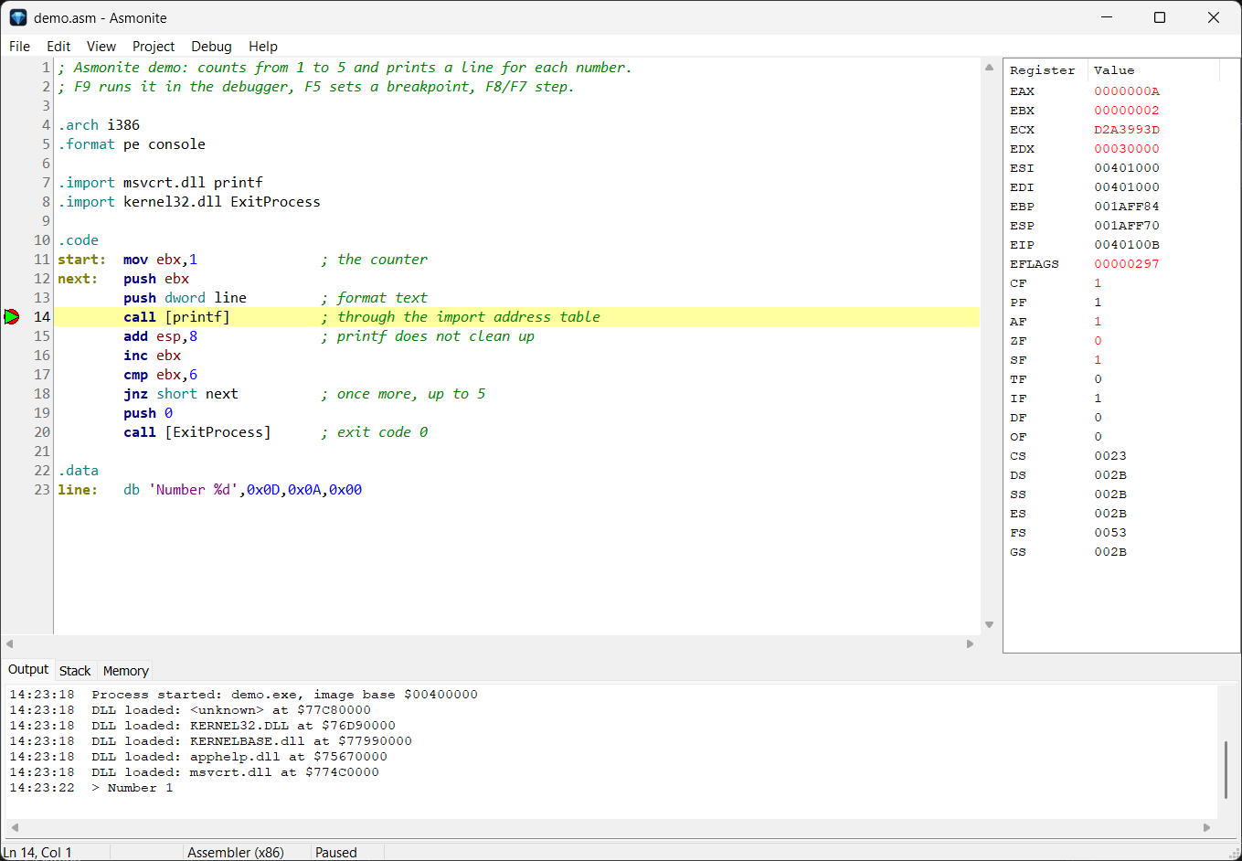 Asmonite: the debugger stopped at a breakpoint
